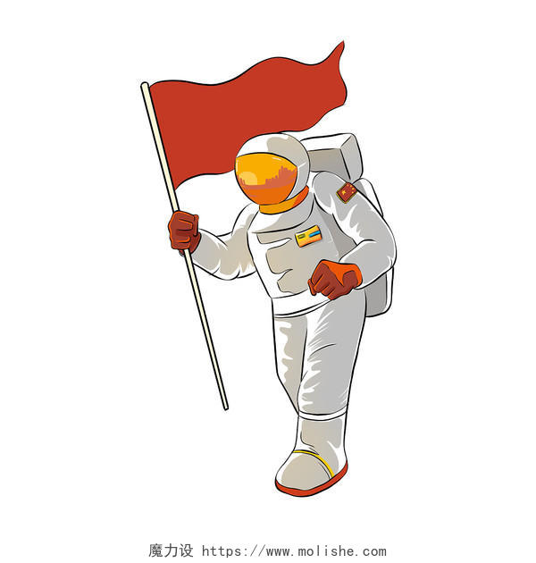 彩色手绘卡通太空宇航员红旗元素PNG素材